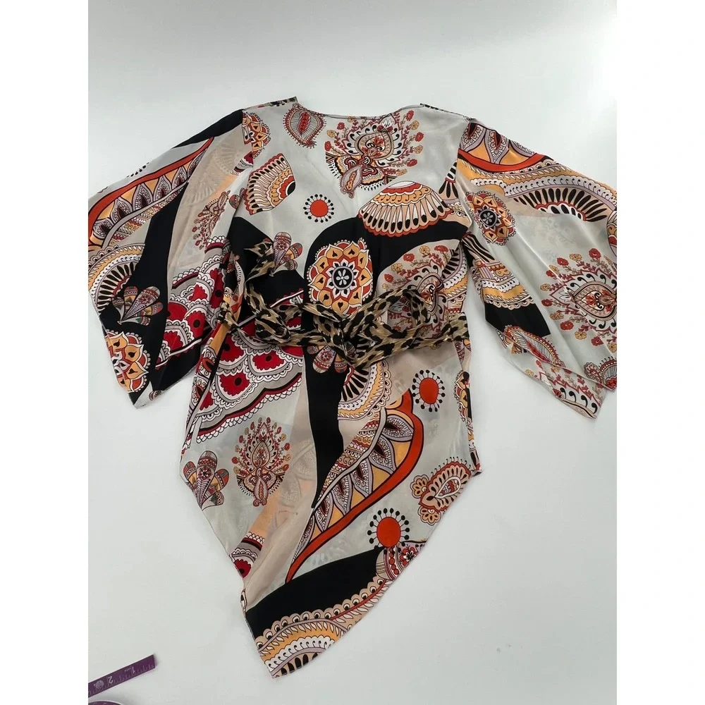 Cache Silk Paisley Leopard Print Kimono Sleeve Wrap Top Handkerchief Hem Y2k XS